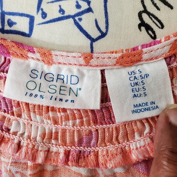 Sigrid Olsen Linen Mix Print Smocked Neck Peasant Women's Shirt Blouse sz Small - Picture 5 of 5